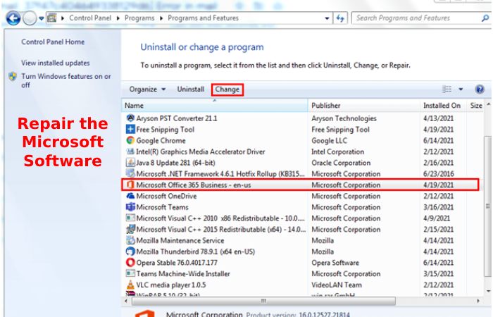 Repair the Microsoft Software