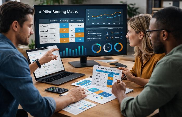 Business team evaluating technology using scoring framework