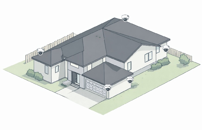 Aerial view of a home showing optimal security camera placement positions at all entry points