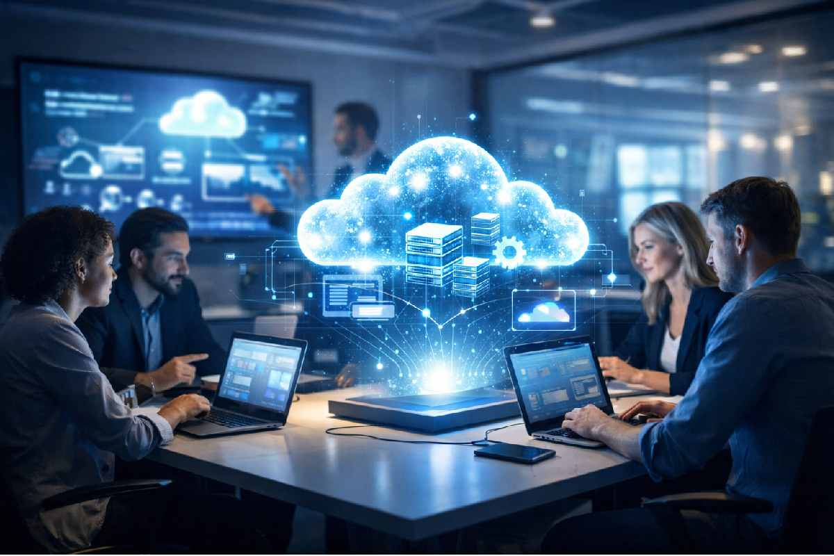 Enterprise team collaborating with cloud computing infrastructure visualization in a modern office