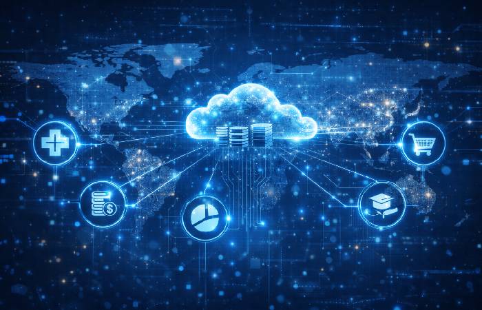 Global network illustrating scalability and remote accessibility of cloud applications