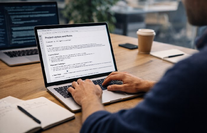 Engineering manager writing a structured project update on a laptop