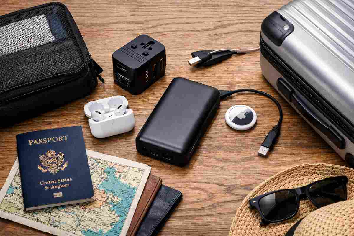 essential travel gadgets for travelers including power bank adapter and earbuds