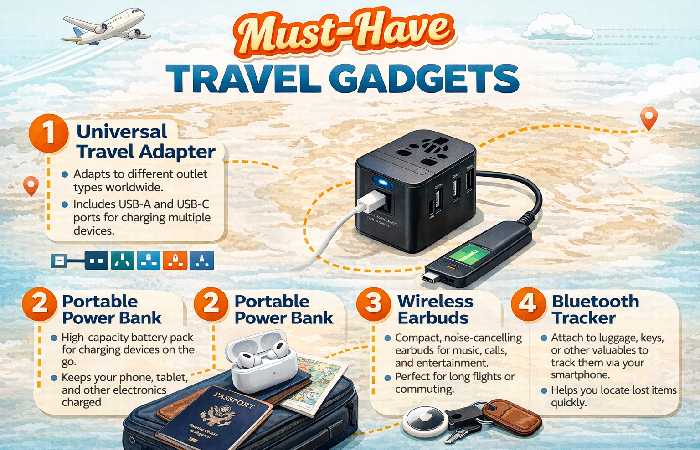 infographic showing five essential travel gadgets for travelers