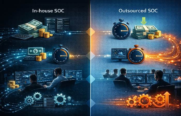 visual comparison of in-house and outsourced soc costs and capabilities