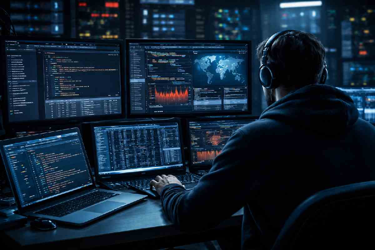 cybersecurity analyst analyzing malware on multiple screens