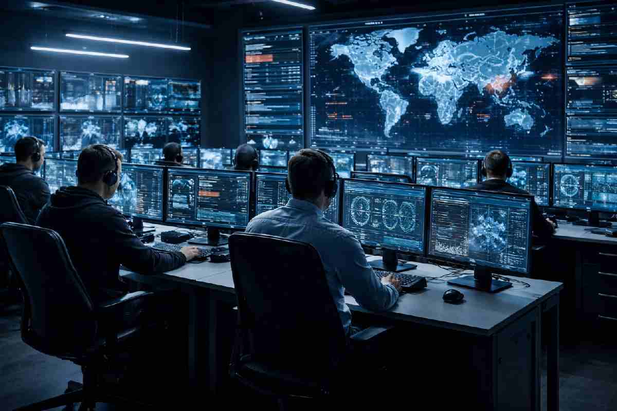 security analysts monitoring cyber threats in a security operations center