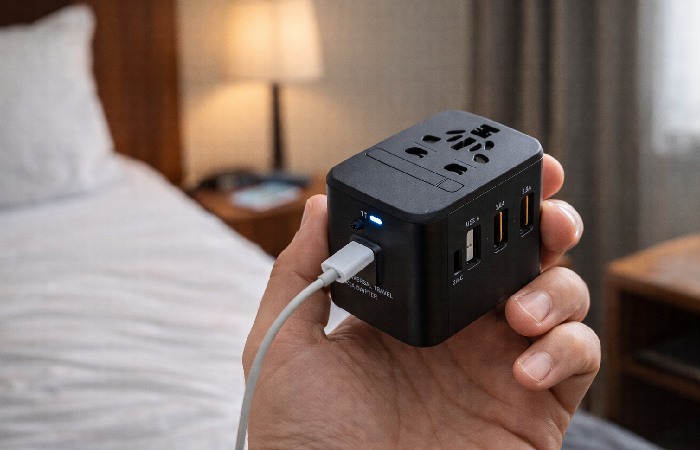 portable power bank charging phone during travel