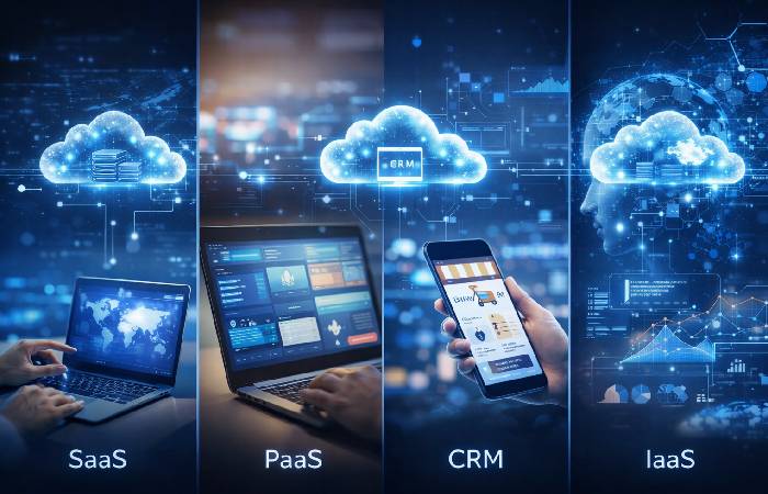 Examples of cloud computing applications including storage, streaming, CRM, ecommerce, and analytics