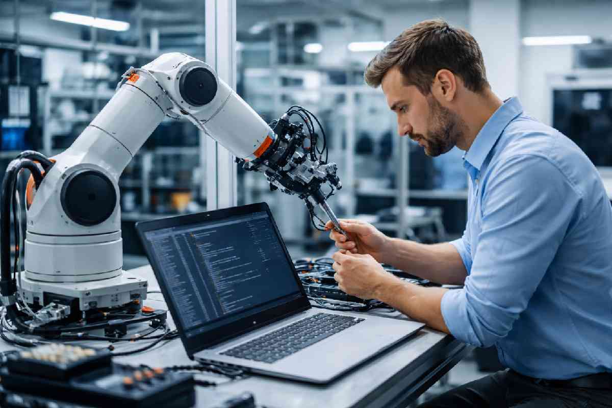 Robotics engineer working with robot and laptop