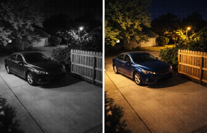 Comparison of standard infrared night vision and color night vision from a home security camera