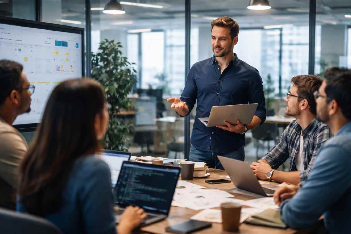 Software development manager leading a team meeting in a modern office environment