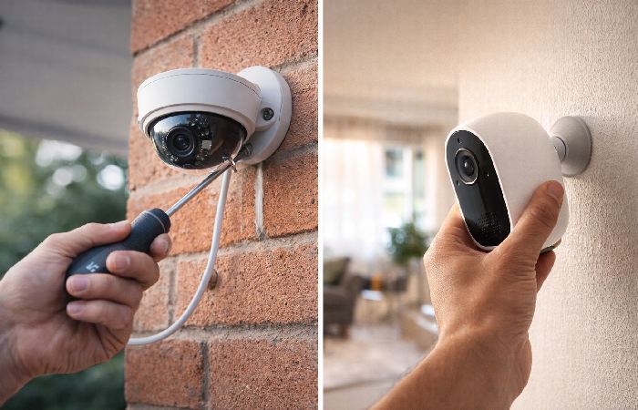 Side by side comparison of wired and wireless home security camera installation