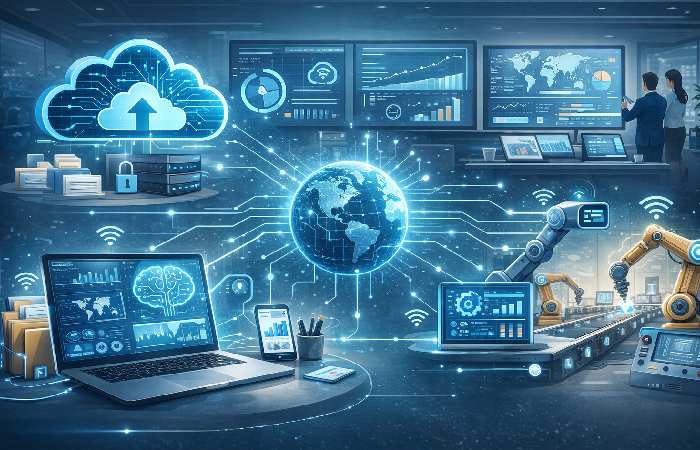 Cloud computing, AI analytics, IoT sensors, and data dashboards in enterprise environment