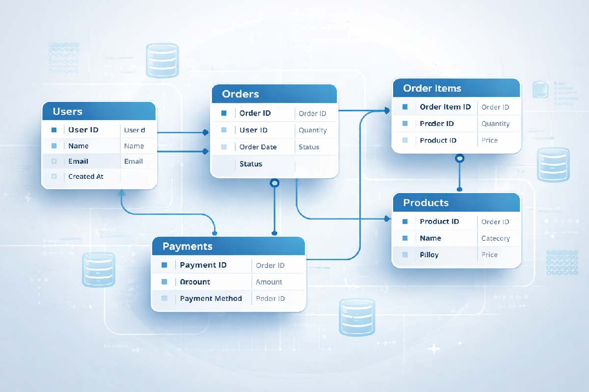 database design architecture with tables and relationships