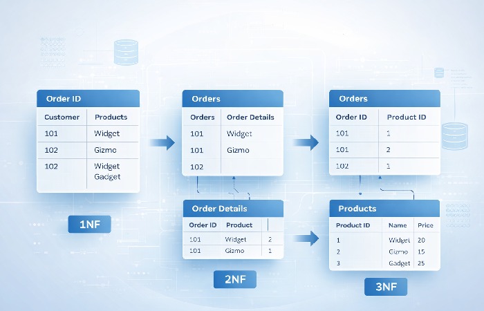 database normalization process 1nf 2nf 3nf example