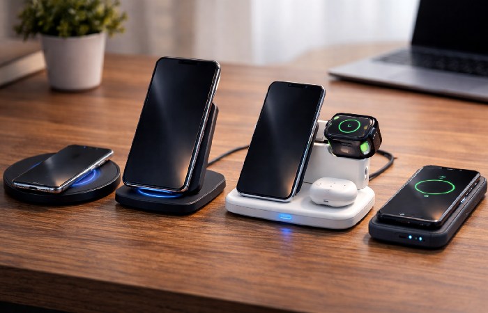 Different styles of wireless chargers including pad, stand, and charging station
