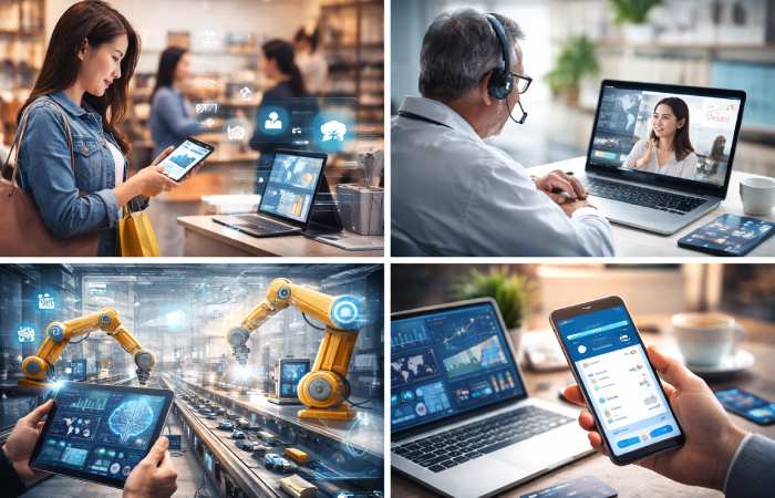 Retail omnichannel shopping, telehealth consultation, smart factory automation, and digital banking app