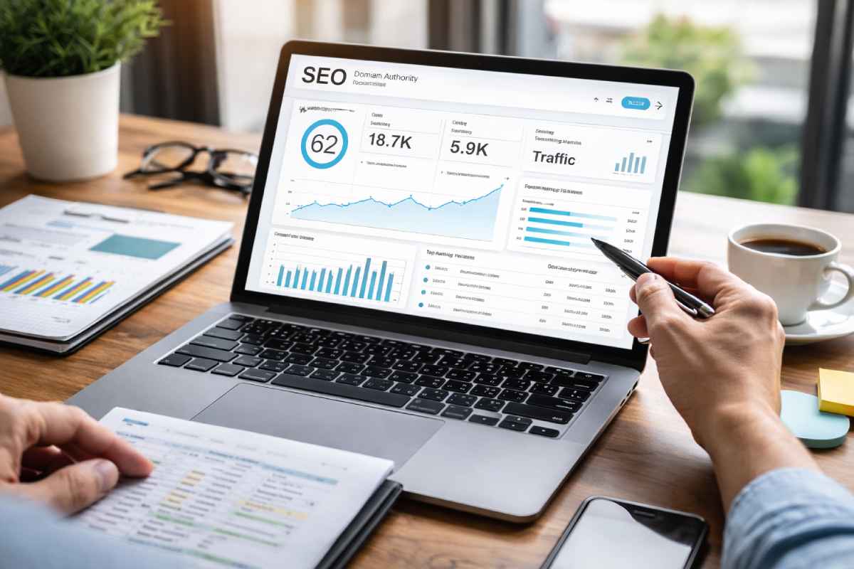 SEO professional analyzing website analytics and backlink metrics