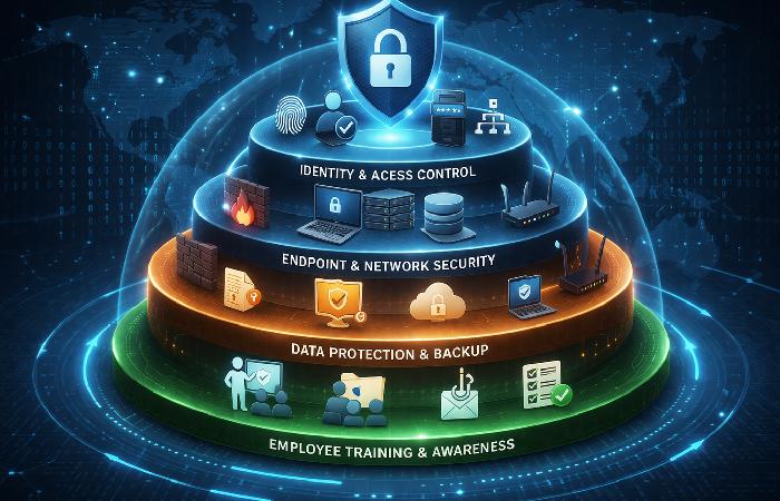 layered cybersecurity defense strategy with multiple protection systems
