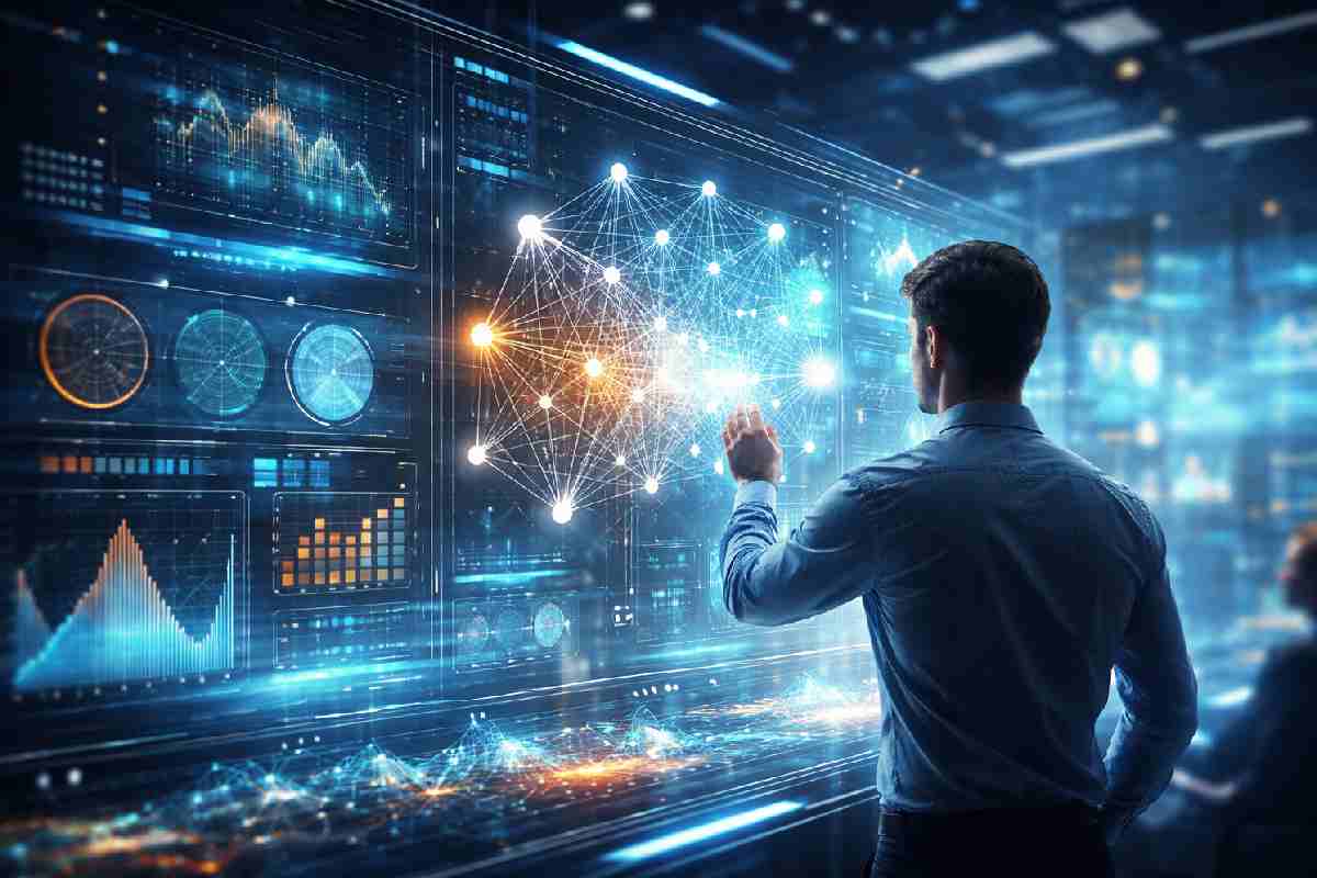 Machine learning concept with data patterns and AI interface
