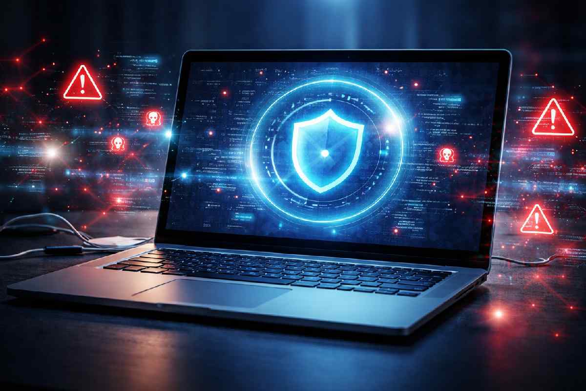 Laptop running malware scan detecting cyber threats