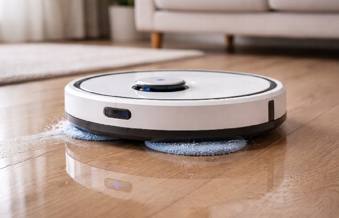 Robot vacuum and mop combo cleaning a hardwood floor