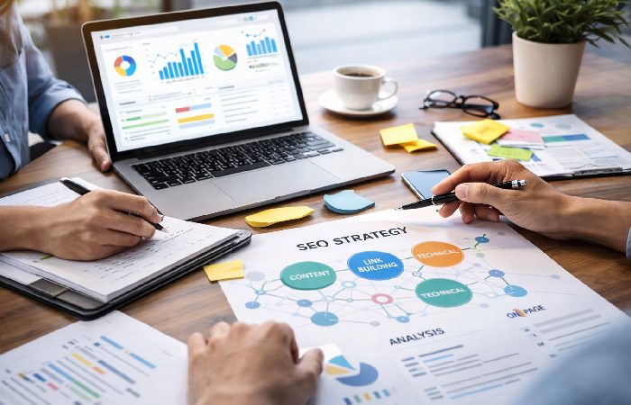 SEO team planning link building and content strategy