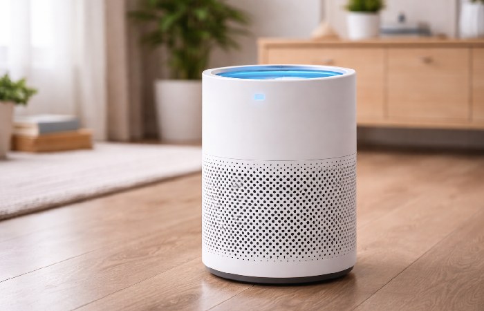 Smart air purifier running in a modern living room