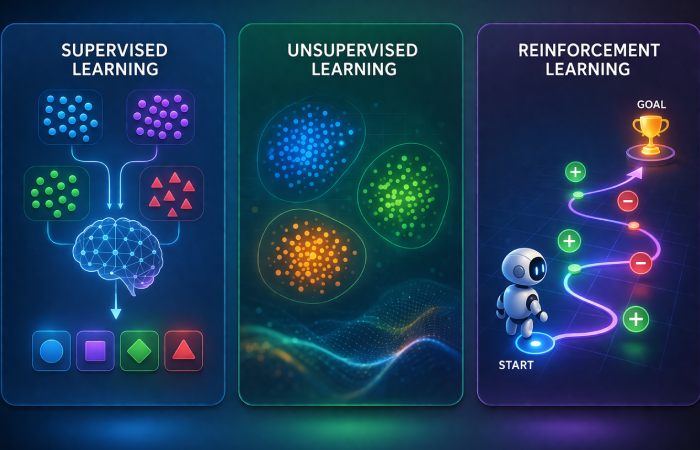 Visual representation of supervised unsupervised and reinforcement learning