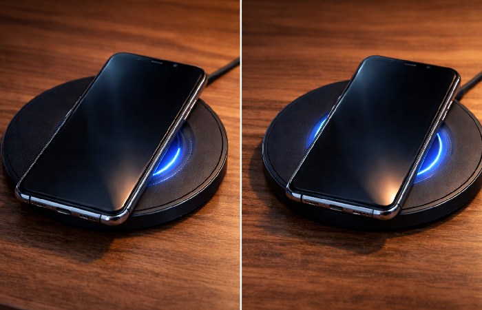 Comparison of slightly misaligned and properly aligned phone on wireless charger