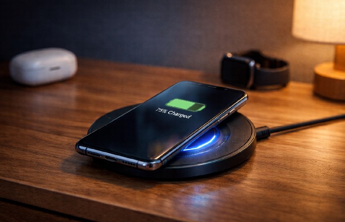 Smartphone charging on a wireless charging pad on a desk