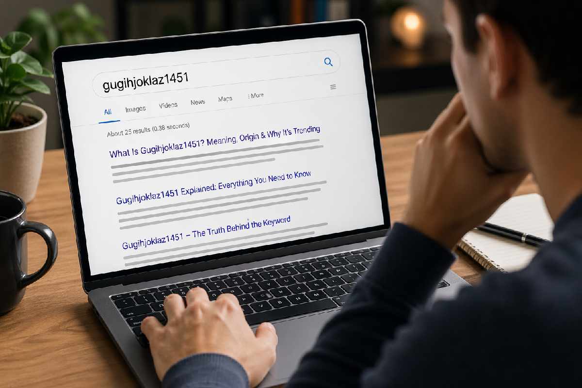 Person searching strange keyword gugihjoklaz1451 on laptop