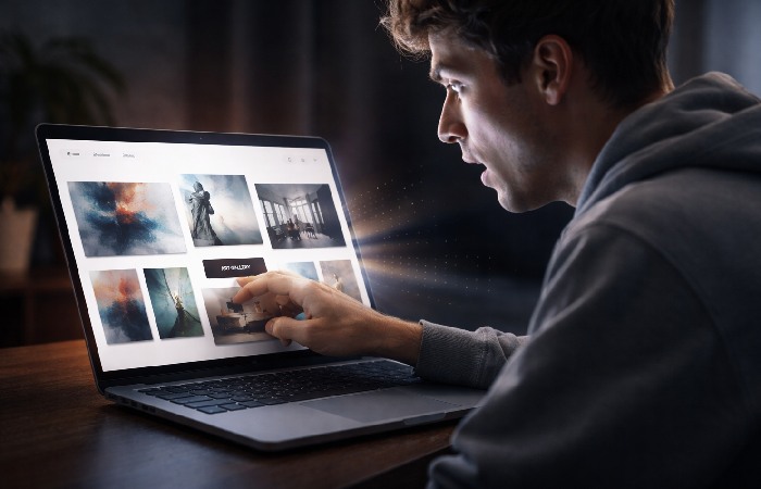 User clicking a website button and reacting with surprise