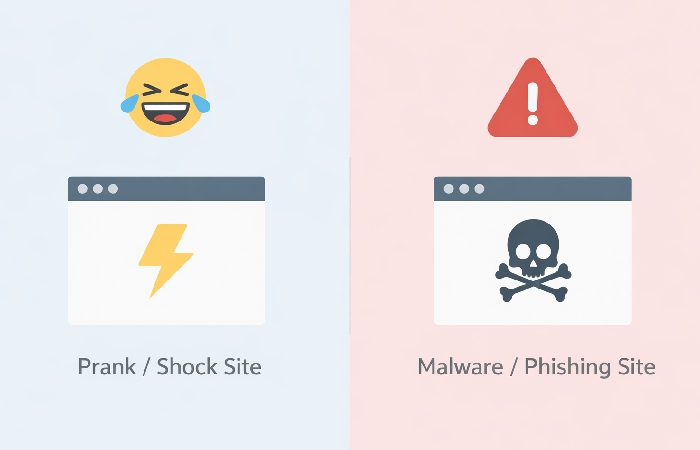 Visual comparison between prank website and malware website behavior