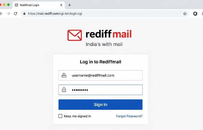 Email login page with username and password fields