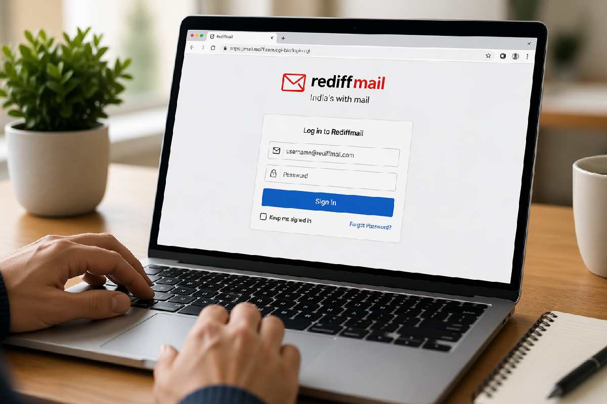 User logging into email account on laptop