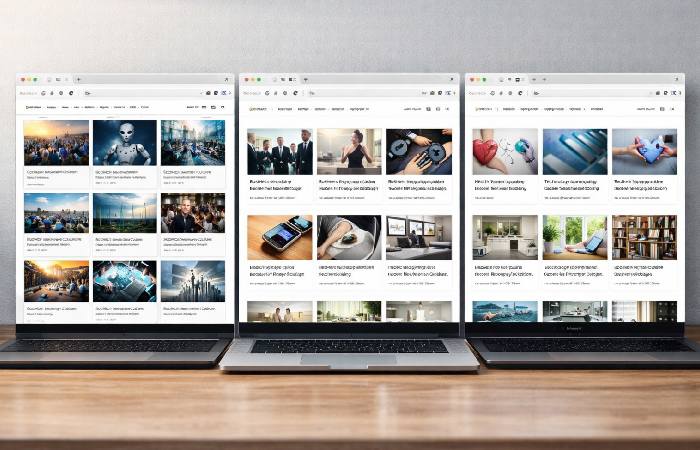 Three different website layouts shown side by side in browser windows