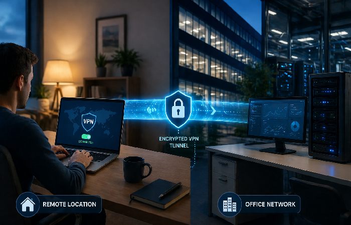 remote laptop connecting securely to internal network using VPN