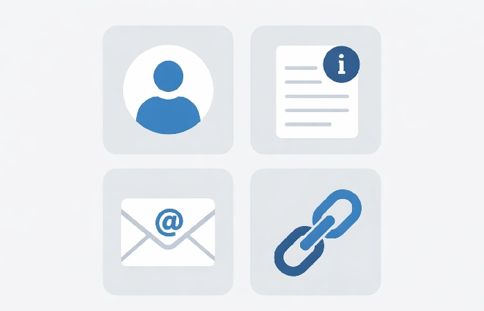Four icons representing author, information page, contact details, and verification