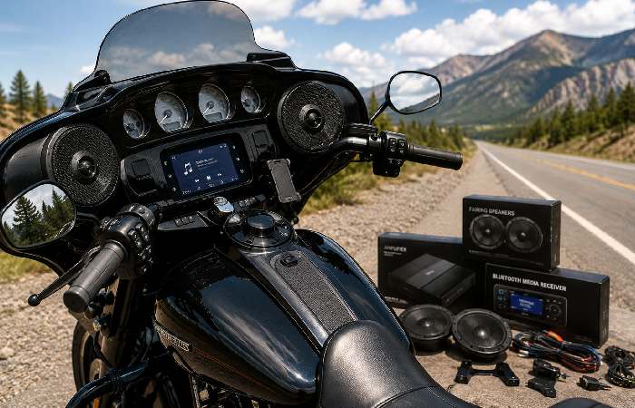 Motorcycle with installed fairing speaker audio system