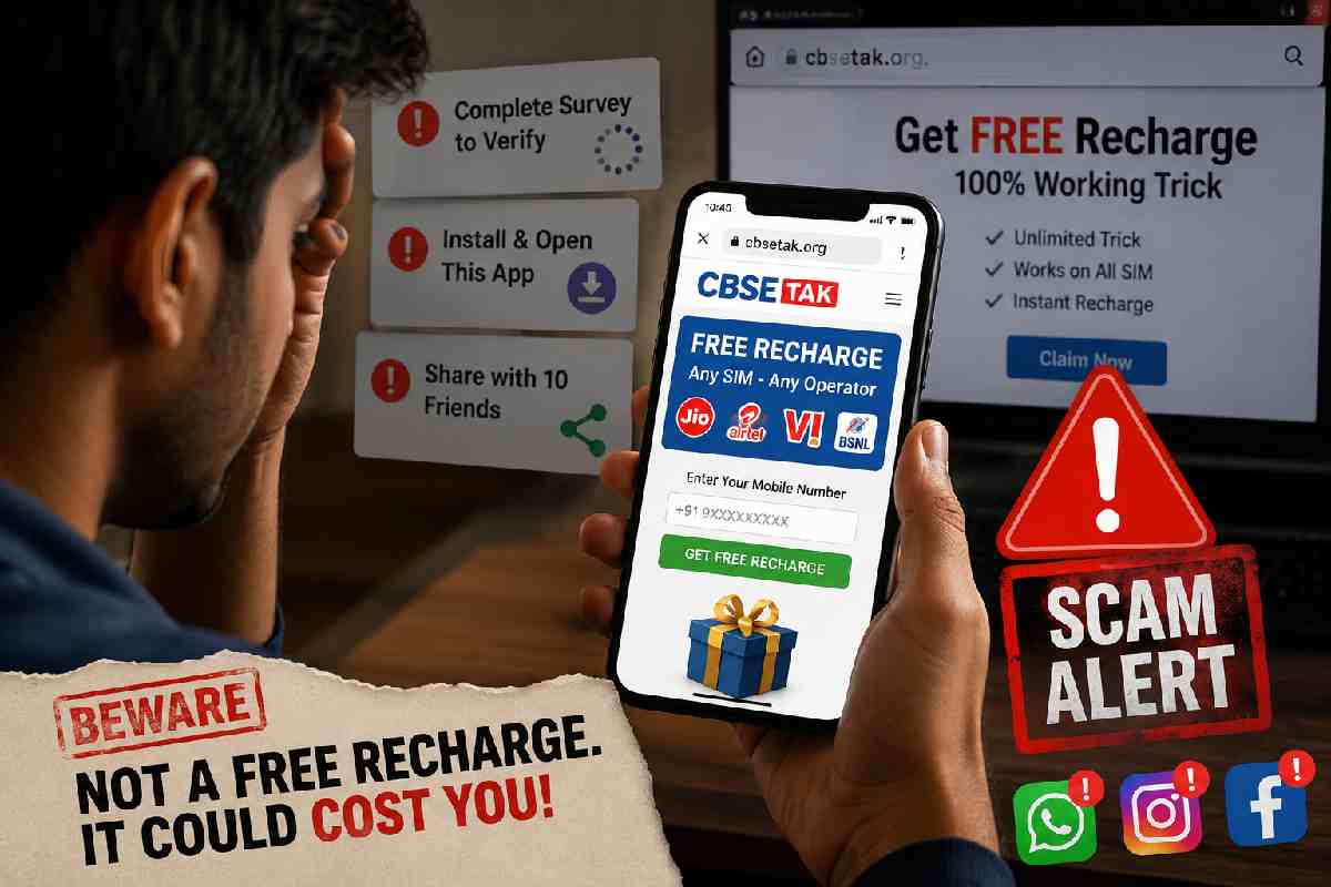 Person checking suspicious free recharge website on smartphone