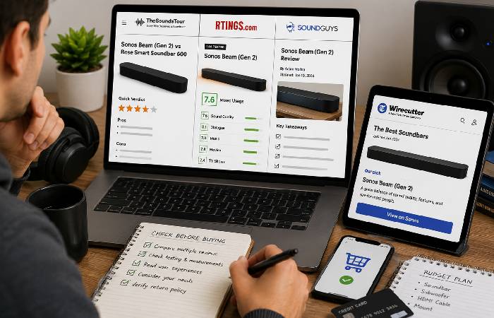 User comparing multiple audio product reviews before purchase