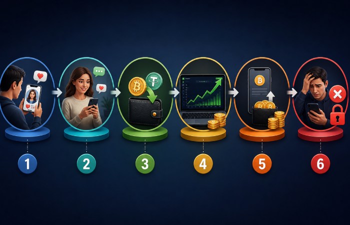 Crypto scam process stages illustration