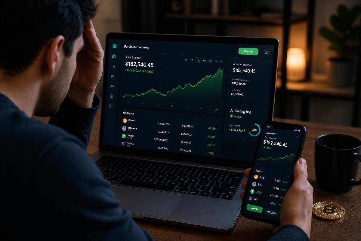 Person viewing suspicious crypto trading dashboard
