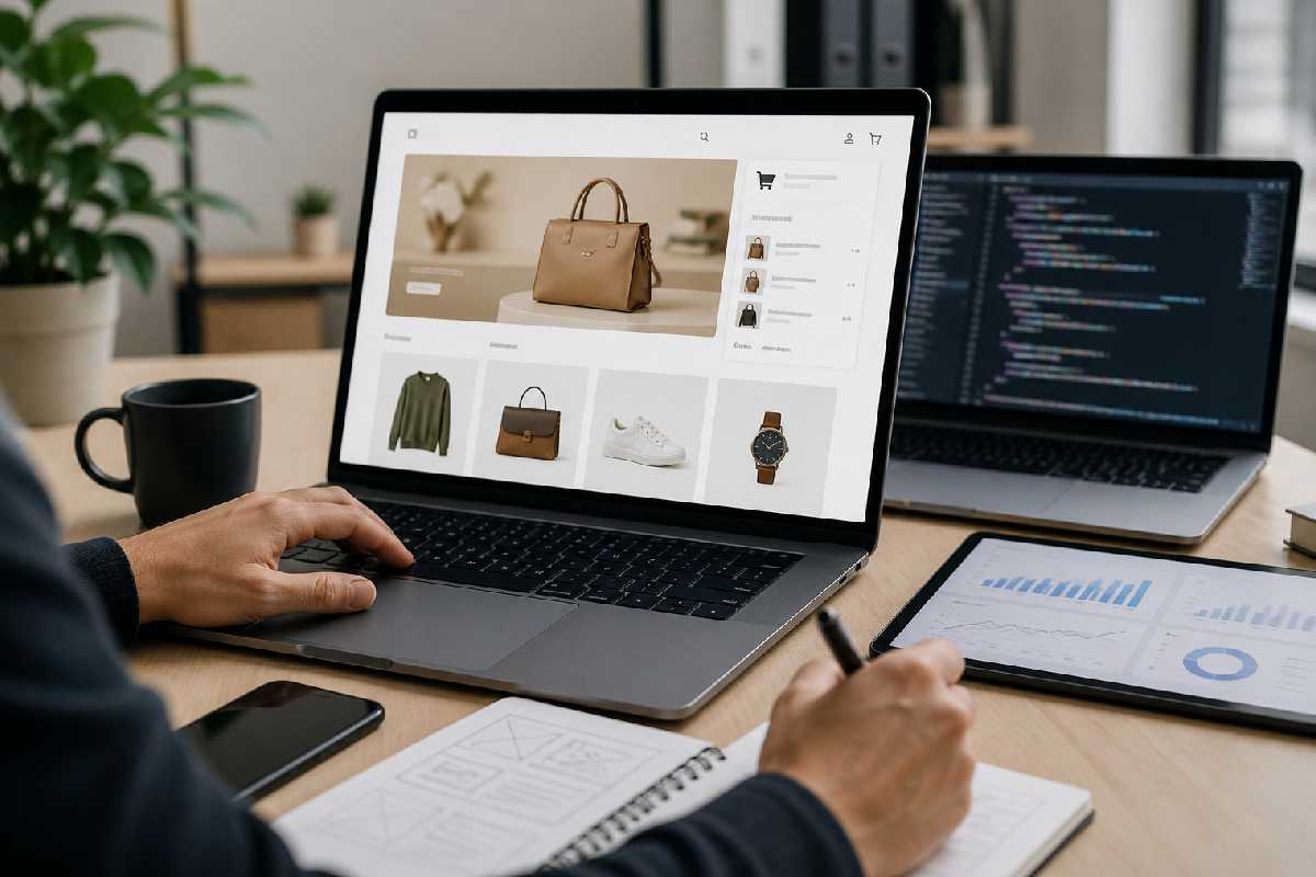 E-commerce website development workspace with laptop and online store interface
