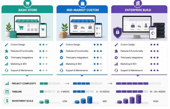 Visual comparison of e-commerce development cost ranges by business size
