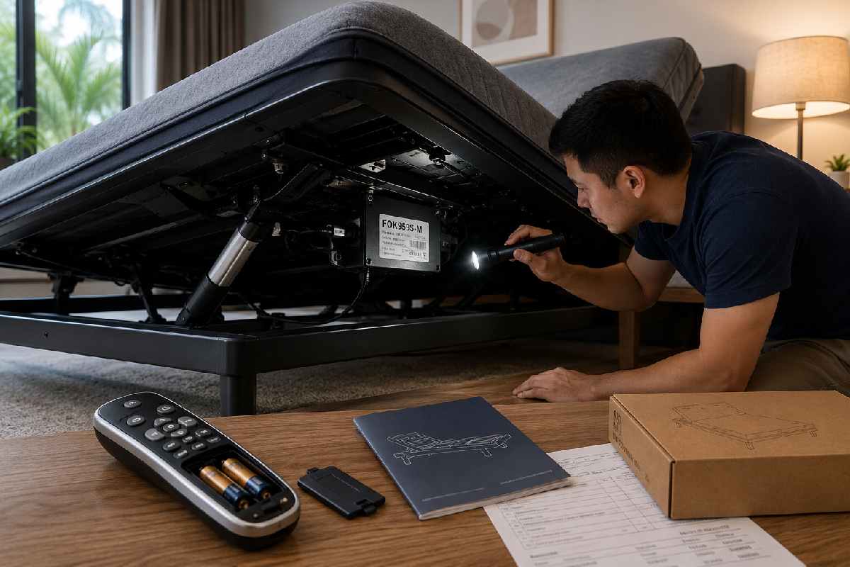 Person checking FOK959S-M model label under a smart bed