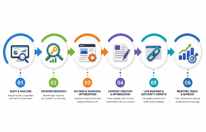 seo process flow from audit to traffic growth
