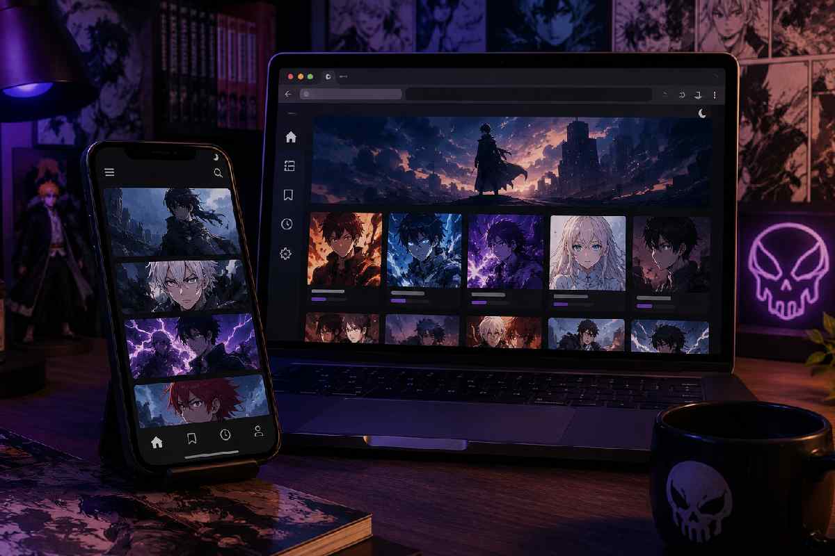 Smartphone and laptop displaying a manga reading platform interface